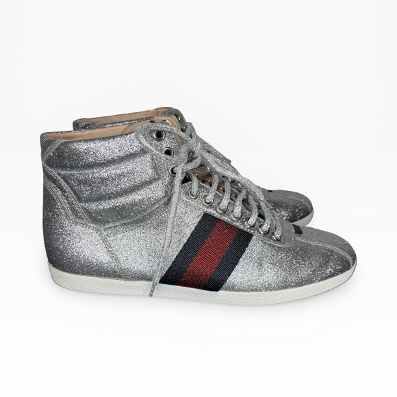 Gucci Shoes - Gucci Silver Glitter Sneakers with Red and Blue Stripes Size 37